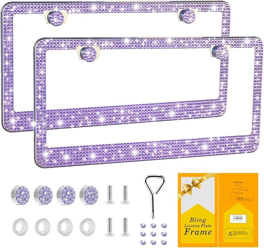 FIISFIIS Bling License Plate Frame for Women,2 Pack Premium Stainless Steel Rhinestone License Plate Holder,Handmade Glitter Crystal Diamond Lincense Plate Cover,Bedazzled Sparkly Caps-Light Violet