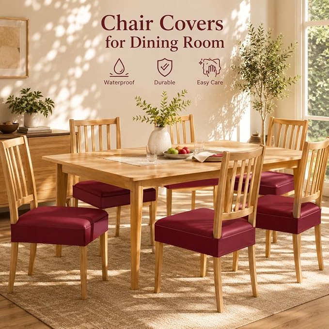 NILUOH Waterproof Seat Covers for Dining Room Chairs Set of 4, Pu Leather Chair Seat Slipcovers Dining Chair Cover Removable Washable Chair Protctor Cover, Rear Covers (PU-Red Wine)