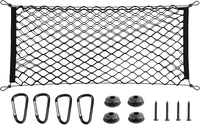 BAILALIBO Cargo Net with Metal Hooks, 43.3x15.8 in | Elastic stretchable mesh, adjustable for SUV/truck/jeep, universal fit, secure trunk storage, heavy-duty for car exterior