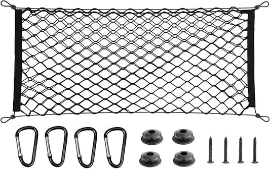 BAILALIBO Cargo Net with Metal Hooks, 43.3x15.8 in | Elastic stretchable mesh, adjustable for SUV/truck/jeep, universal fit, secure trunk storage, heavy-duty for car exterior