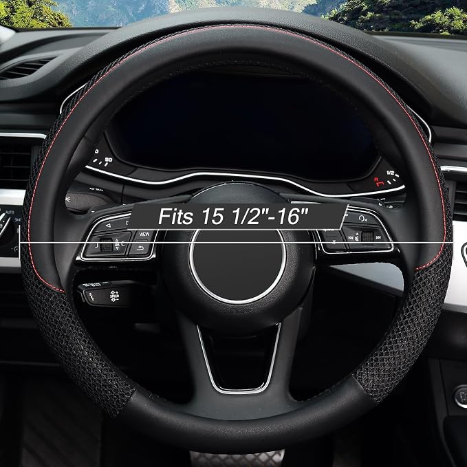 KAFEEK 16 inch Steering Wheel Cover, Black Microfiber Leather Viscose, Breathable, Compatible for F150 F250 F350 Ram 4Runner Tacoma Tundra Range Rover
