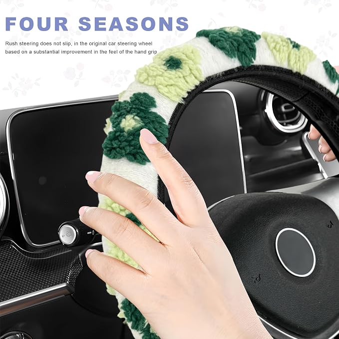 Plush Flowers Steering Wheel Cover, 15 inch Anti-Slip Breathable Steering Wheel Protector Cute Floral Decor, Elastic Soft Wheel Cover Universal Fit for Most Vehicles (Black Green)