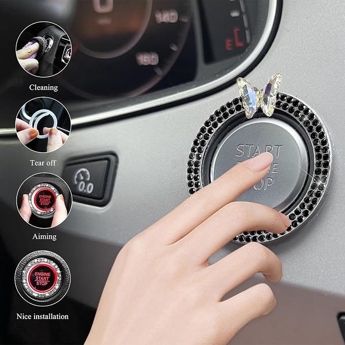 DXNQ Bling Ring Emblem, Sparkling Butterfly Car Buttons and Knobs Ring, Girly Butterfly Diamond Car Engine Start Button Cover, Key Ignition Knob Rings Decoration for Women (Black, Double Row)