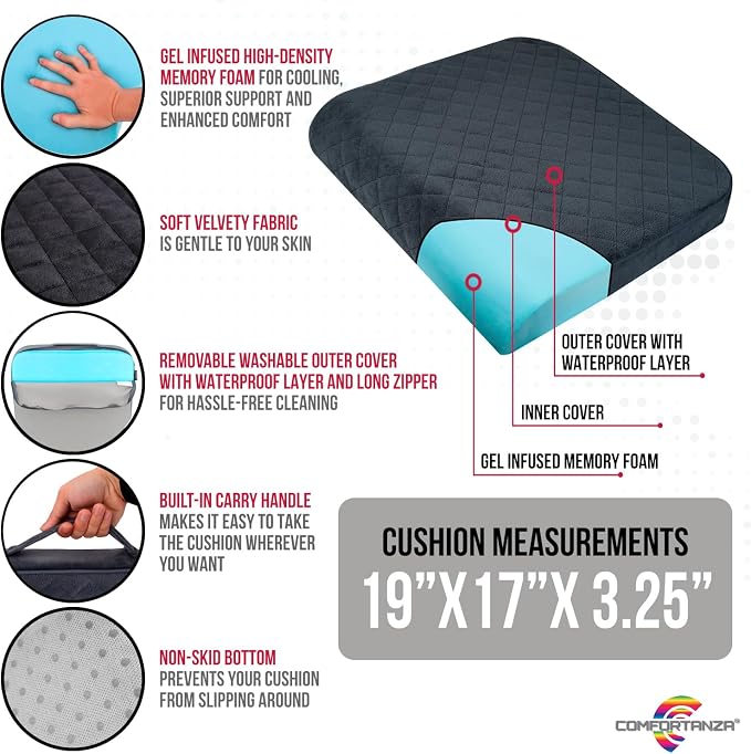 Large 19"x17"x3.25" Medium-Firm Memory Foam Seat Cushion with Cooling Effect, Washable Cover and Non-Slip Base for Office Chairs, Wheelchairs, Recliners, Cars - Back Pain Relief - Black
