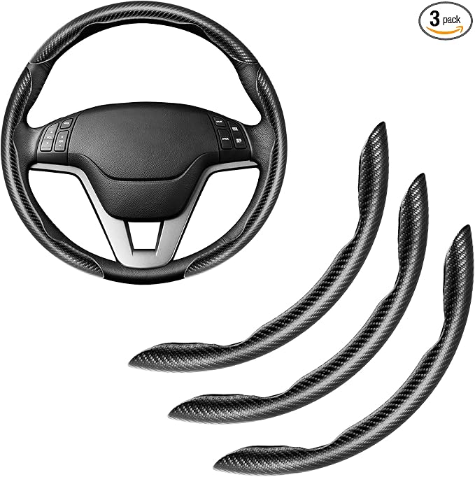 Amiss 3pcs Carbon Fiber Anti-Skid Steering Wheel Cover, Waterproof & Segmented Butterfly Design, Universal 99% Vehicle Wheel Cover Protector, Car Interior Accessories (Black-3pcs)