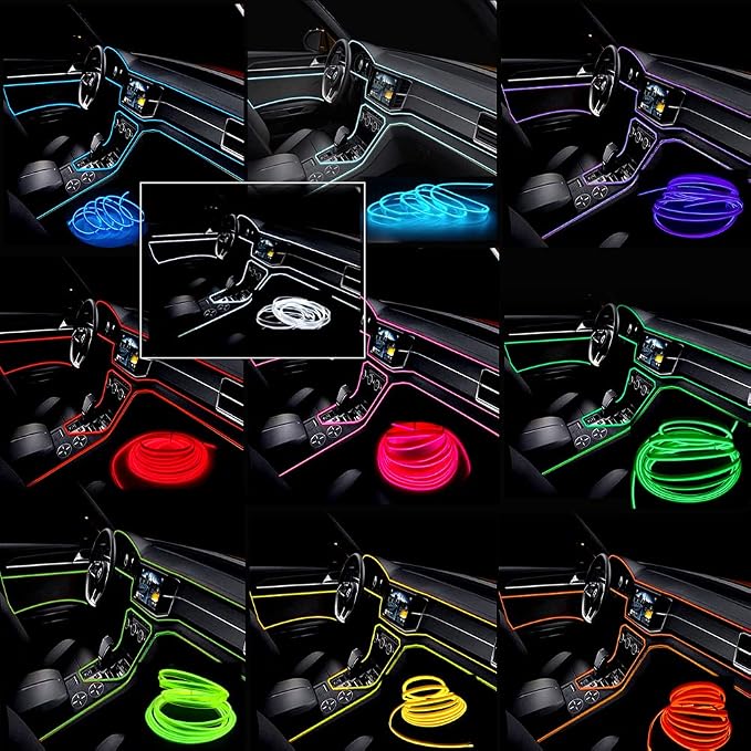 MaxLax El Wire Green Interior Car LED Strip Lights, 10m neon Wire 12V with Fuse Protection for Automotive Car Interior Decoration with 6mm Sewing Edge