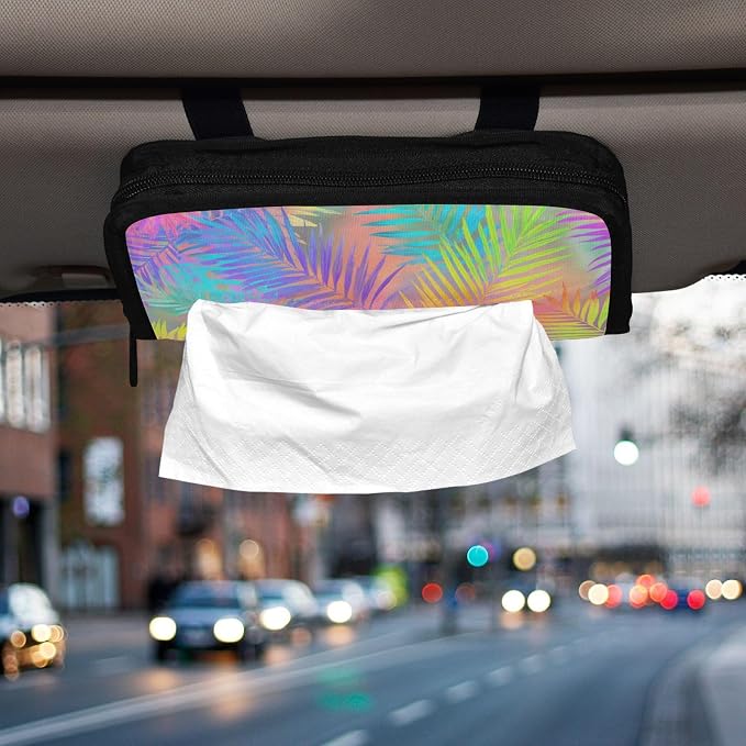 Car Tissue Holder Car Napkin Holder Tissue Box Dispenser Storage Case Sun Visor Mask Holder Accessories with Adjustable Straps Reusable Refillable Rainbow Palm Leaf Vibrant Tropical