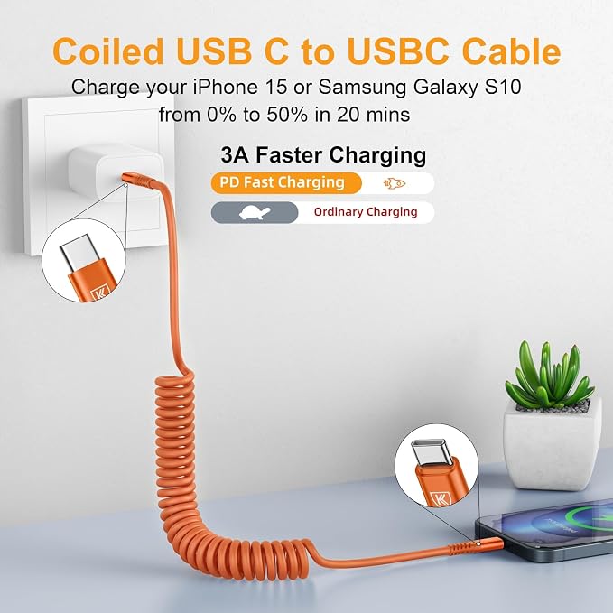 USB C to C Cable [3FT+6FT], Coiled USB C Fast Charging Cable for CarPlay | 2Pack iPhone USB-C Cable/Android Auto USB C Cord USB Type-C Cable for iPhone 17/16/15/Pro Max/Galaxy S26 S25 and More-Orange