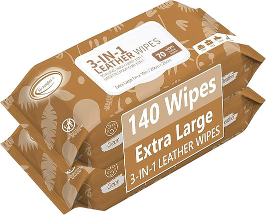 Air Jungles 3in1 Leather Cleaner Wipes 140 Count, Extra Large 8" x 10" Size | Clean Condition Protect Wipes for Vinyl and Leather Apparel Furniture Auto Car Interior Shoes Boots Bags