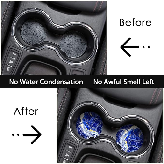 Britimes Car Coasters for Drinks Absorbent, 2 Pack Cup Holders, 2.56" Ceramic Stone & Non-Scratch Cork Base Coasters Cupholder, Auto Accessories for Women & Men, Blue Marble Gold Natural Luxury