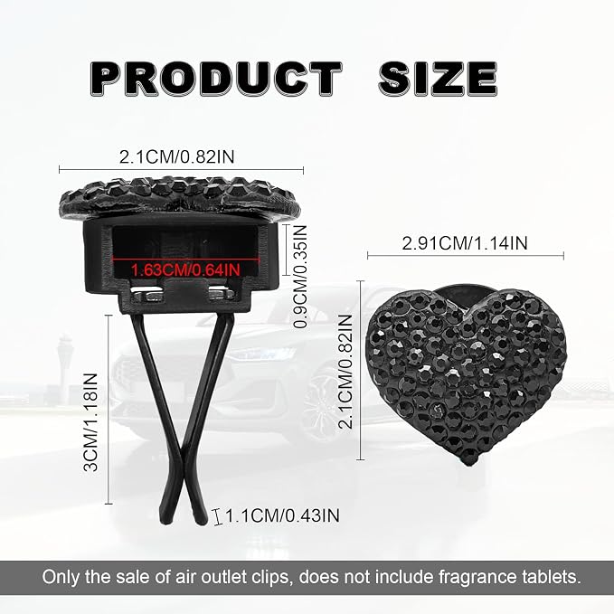 2Pcs Car Air Vent Clip, Bling Crystal Heart Charms Car Air Vent Clips, Car Air Conditioning Outlet Clip Decorative, Car Interior Decoration Accessories Universal for Women and Man (Black)