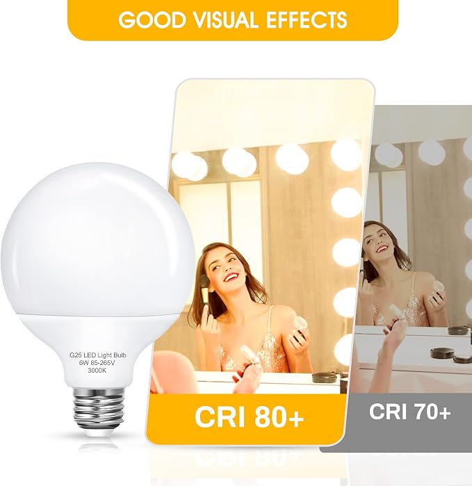 G25 LED Vanity Globe Light Bulb, 60W Equivalent Incandescent Bulbs for Vanity Bathroom Mirror Light Bulb, 3000K Soft White E26 Base Makeup Mirror Lights, Not-Dimmable Christmas Decor Lighting, 4 Pack
