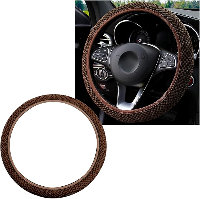 Yourkar Elastic Steering Wheel Cover, 15"×15" Comfy Breathable Stretch Steering Wheel Protector, Ice-Silk Cloth Polyester Steering Wheel Cover for Men Women, Car Accessories (Brown)
