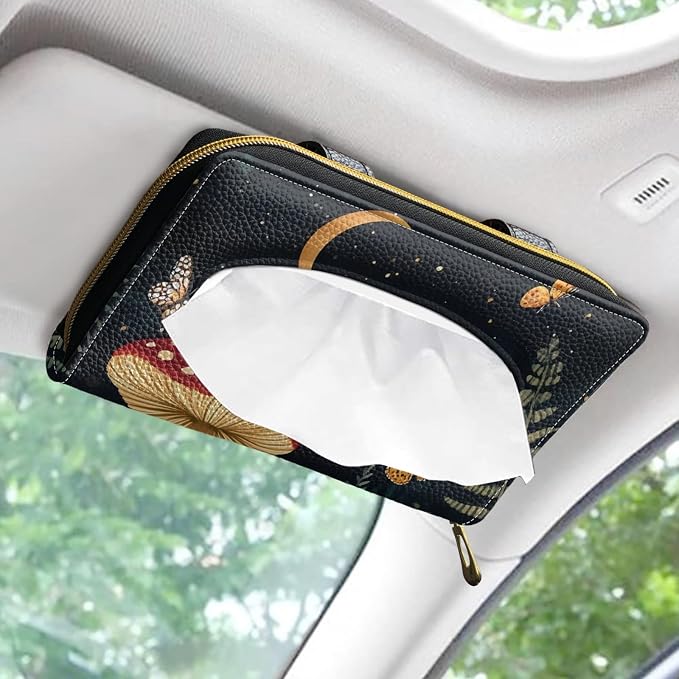 PU Leather Sun Visor Tissue Holder Moon Mushroom Car Visor Accessories Car Sun Visor Tissue Box Holder Mask Holder for Car Fits Sedans Vans Trucks