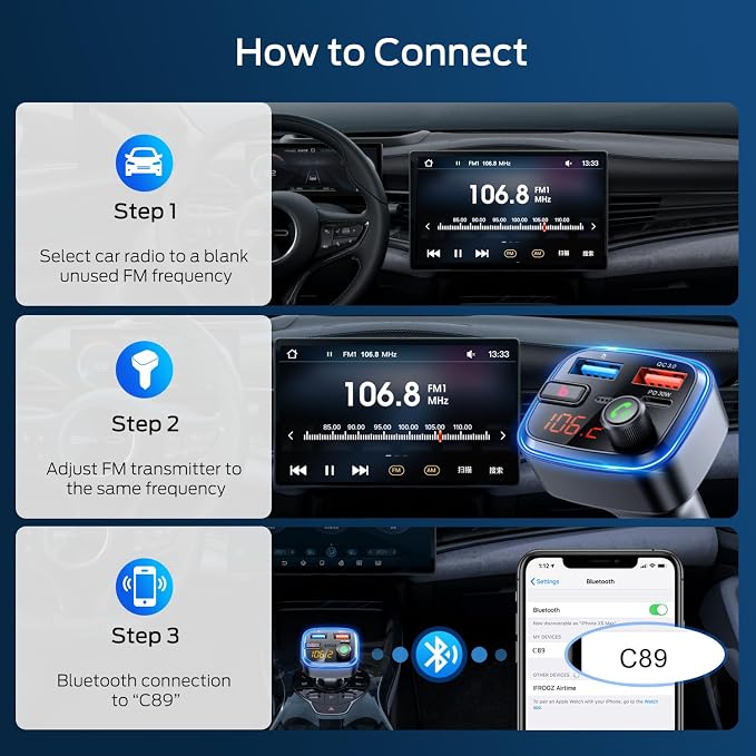 Bluetooth 5.4 Car Adapter, 48W Fast Charging Bluetooth Adapter for Car, Wireless FM Transmitter with Deep Bass Player, Hands-Free Calling & Audio Receiver, Support USB Drive