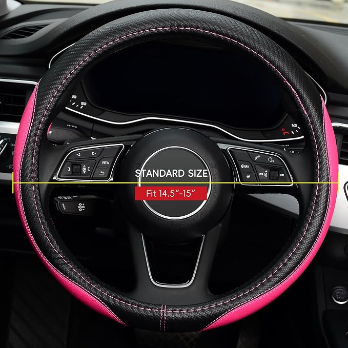 LABBYWAY Microfiber Leather Auto Car Steering Wheel Cover, Universal Fit 15 Inch Anti-Slip Wheel Protector, Pink