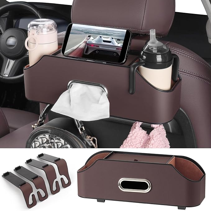 Car Rear Backseat Extra Multifunctional Drink Cup Holder Organizers with Tissue Storage Box Organizer & Hooks for Car Seat Back. Brown