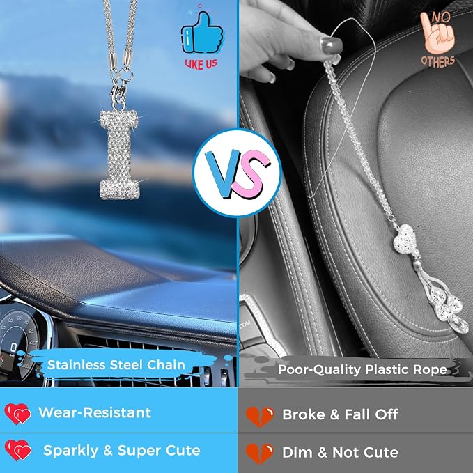 Bling Car Accessories for Women Letter Charm, Rear View Mirror Ornament Cute Hanging Crystal Pendant Girl Car Decorations, Lucky Diamond Rhinestone Girly Charm Interior (White I)