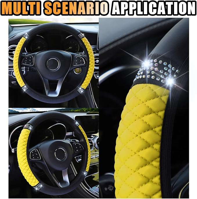 JOYCOURT 15 Inch Bling Soft Leather Car Steering Wheel Cover, Yellow | Colorful Rhinestones Design, Auto Elastic Protector for Women Girls, Crystal Diamond Car Accessories for Most Cars, SUVs