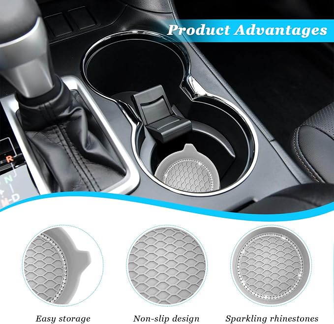 Ziciner 2 PCS Car Cup Coaster Holders, 3.15 Inch Silicone Anti-Slip Auto Insert Coaster, Crystal Rhinestone Car Drink Cup Mat, Universal Durable Auto Interior Accessories (Grey, 2Pack)