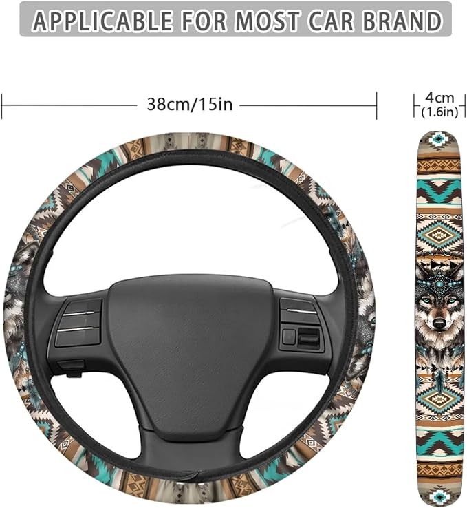 Wanyint Aztec Wolf Dream Catcher Car Steering Wheel Cover Universal 15 Inch for Cars Anti-Skid Soft Touch Elastic All Weather Protection