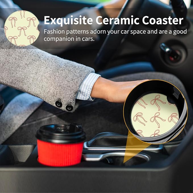 Cute Bowknot Car Coasters,Absorbent 2 Pack for Cup Holders with Finger Notch,2.56 inches Ceramics Heat Resistant Anti Slip Cork Base Car Drinks Coasters Auto Cup Holder