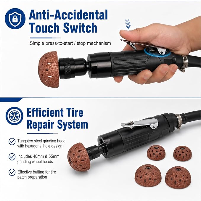 Air Tire Repair Polish Patch Kit Heavy Duty - Includes 2500RPM Air Tire Buffer, Tire Inner Liner Scraper, 4 Tungsten Steel Buffing Wheel, Patch Roller, & Wire Brush - Professional Tire Patch Tools