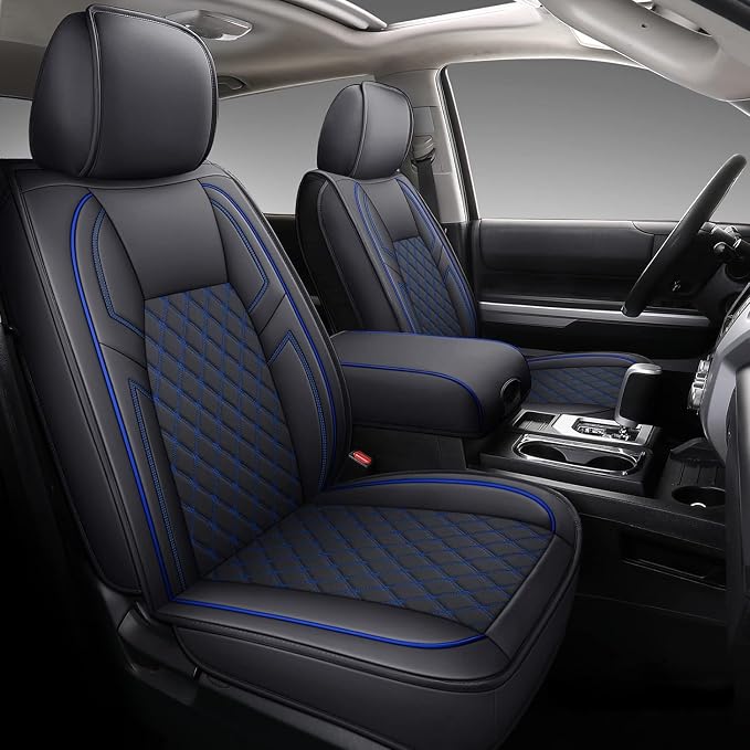 Coverado Toyota Tundra Seat Covers, Leather Car Seat Covers Full Set Automotive Seat Covers Protector Compatible with 2007-2021 Toyota Tundra Crew/Crewmax/Extended/Double Cab(Blue)