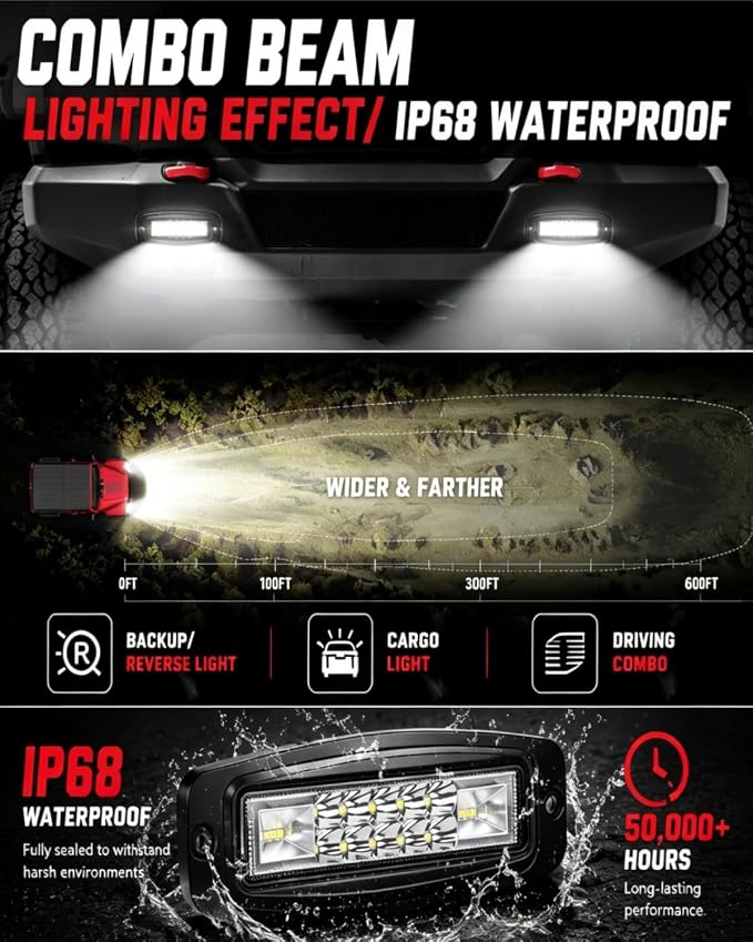 7 Inch Flush Mount LED Pods 2PCS 120W Fog Lights Bumper Reverse Light Bar | 120W 12000LM Spot Flood Combo Beam Driving Work Backup Lights with Wiring Harness Kit - IP68 Waterproof for Truck SUV ATV