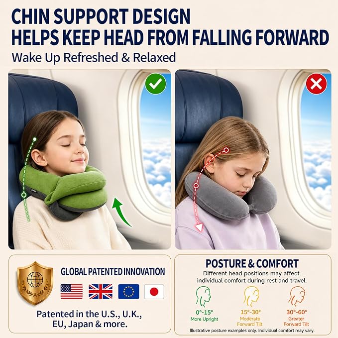 BUYUE Kids Travel Pillows for Airplane, Memory Foam 360° Head Support Sleeping Essentials for Long Flight, Skin-Friendly Soft Neck Pillow for Traveling in Car Seat, (Small, Green Grey, 40-90 lbs)