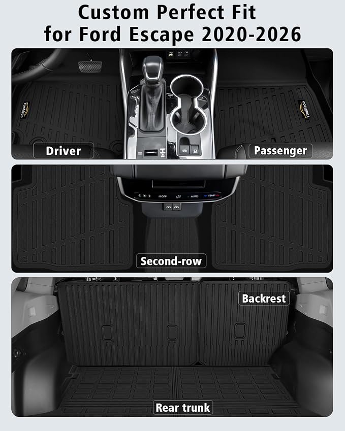 Floor Mats & Cargo Mat & Backrest Mat Custom for Ford Escape 2020-2025 2026 (NOT for Hybrid), Door Sill Guards, All Weather TPE Full Set Floor Liners Trunk Mat for Escape Gas Accessories, Black
