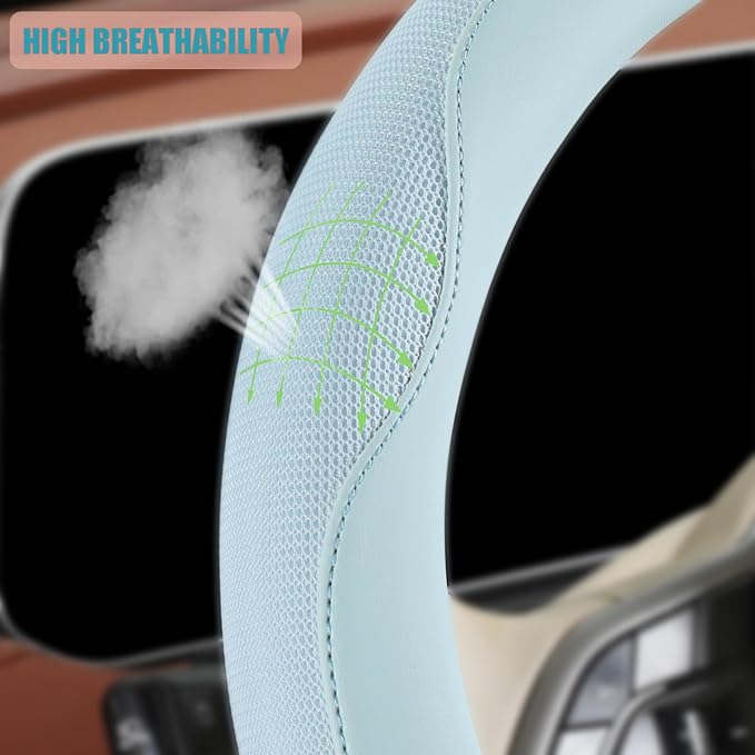 Nappa Leather Blue D Shaped Steering Wheel Cover 14 inch | Non-Slip Breathable Baby Blue Ice Silk Fabric, Warm in Winter and Cool in Summer, Small 13.5 inch to 14 inch for Prius Civic