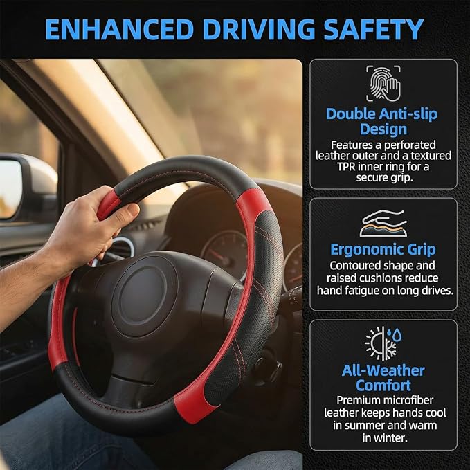 Osilly Car Steering Wheel Cover, 14.5-15" Leather Breathable Anti-Slip Stylish Steering Wheel Protector, Comfortable Auto Interior Decoration Accessories, Universal for SUV Van Truck (Black Red)