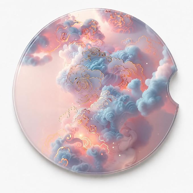 2Pack Car Cup Holder Coasters Absorbent Ceramic Coaster 2.56" for Women & Men Cute Car Accessories Pink Clouds