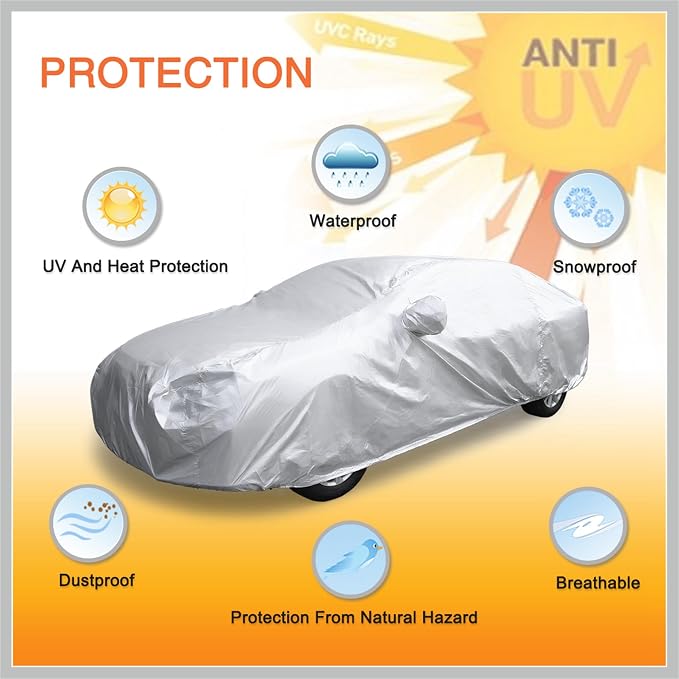3XL Silver Tone 190T Car Cover Outdoor Weather Waterproof Scratch Rain Snow Heat Resistant W Mirror Pocket 490 x 180 x 160cm Replacement Car Parts