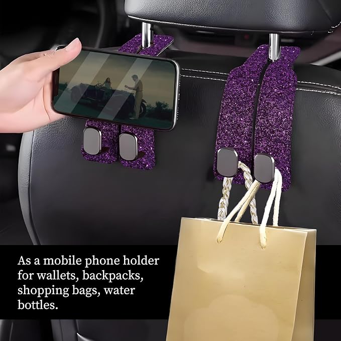 Car Seat Headrest Hook, Universal Leather Cute Hanger Holder Hook, Storage Organizer Interior Accessories for Purse Bags Handbag Glitter Purple Pattern