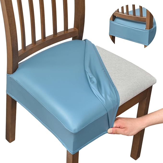NILUOH Waterproof Seat Covers for Dining Room Chairs Set of 4, Pu Leather Chair Seat Slipcovers Dining Chair Cover Removable Washable Chair Protctor Cover, Rear Covers (PU-Light Blue)