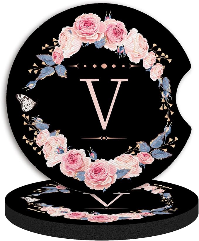 2pcs Letter V Car Coasters,Absorbent Universal neoprener Cup Holder Coasters with a Finger Notch,Car Accessories for Women&Man Interior，2.75"