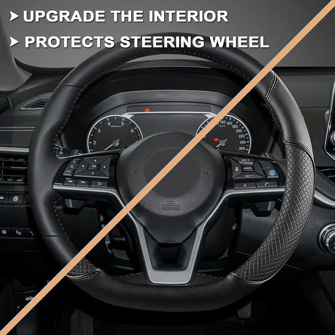 GIANT PANDA D Shape Steering Wheel Cover for Nissan Rogue Kicks - Auto Car Steering Wheel Cover Customized for Nissan Altima Sentra(Black+Black Line-D-Shaped)
