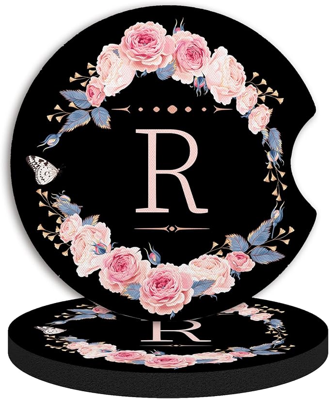 2pcs Letter R Car Coasters,Absorbent Universal neoprener Cup Holder Coasters with a Finger Notch,Car Accessories for Women&Man Interior，2.75"
