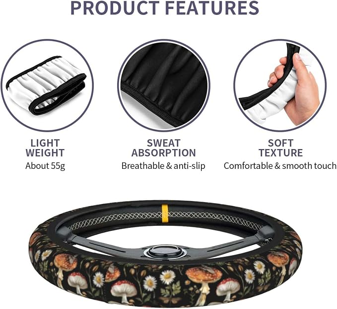 Vintage Forest Mushroom Steering Wheel Cover For Women Men Girls, Universal 15 Inch Anti Slip Steering Wheel Protector Car Accessories Interior For Auto Truck Suv