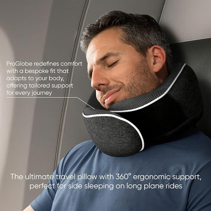 Proglobe Travel Neck Pillow 100% Memory Foam – Airplane & Car Travel Essentials Kit with 3D Eye Mask, Earplugs & Mesh Bag – Sleeping Support Pillow for Adults (Dark Grey)