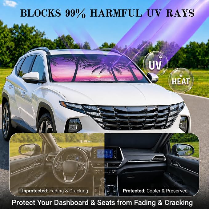 Car Windshield Sun Shade, Universal Fit Midsized Sedan SUV, Vacation Style | 63 x 31.5" Windshield Cover, Foldable Front Window Sunshade, UV Heat Protection