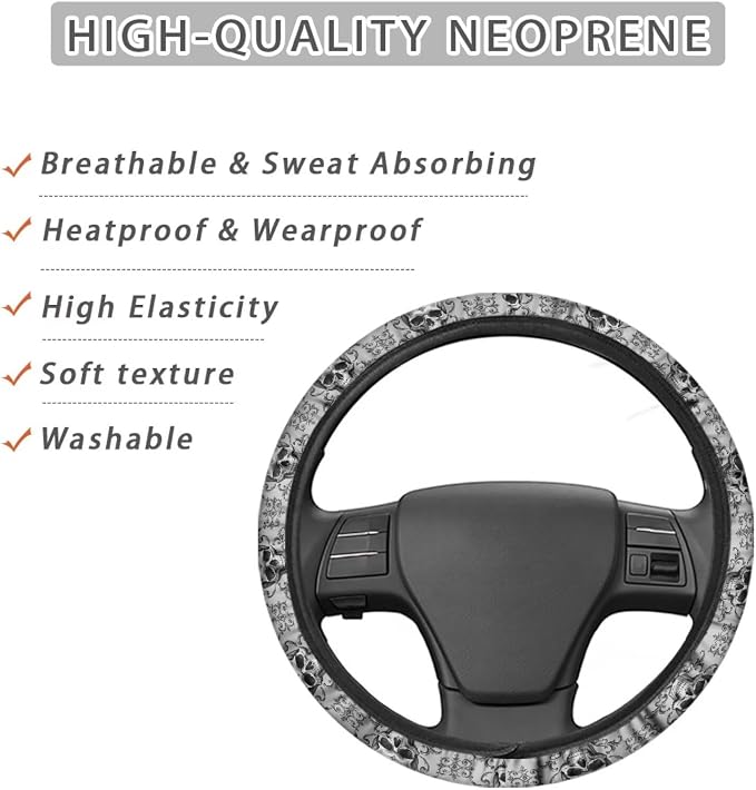 AFPANQZ Steering Wheel Protection for Most Cars Interior Accessories | Skull Bat Grey Automotive Steering Wheel Cushion, Halloween Decor, Anti-slip Universal 14-15 inch, Easy Install