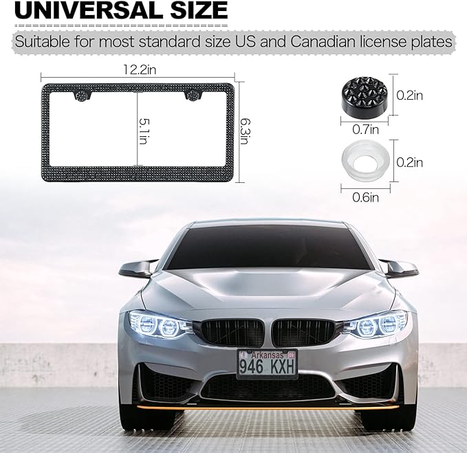 FIISFIIS Bling License Plate Frame for Women,2 Pack Premium Stainless Steel Rhinestone License Plate Holder,Handmade Glitter Crystal Diamond Girl Lincense Plate Tag Cover,Bedazzled Sparkly-Black