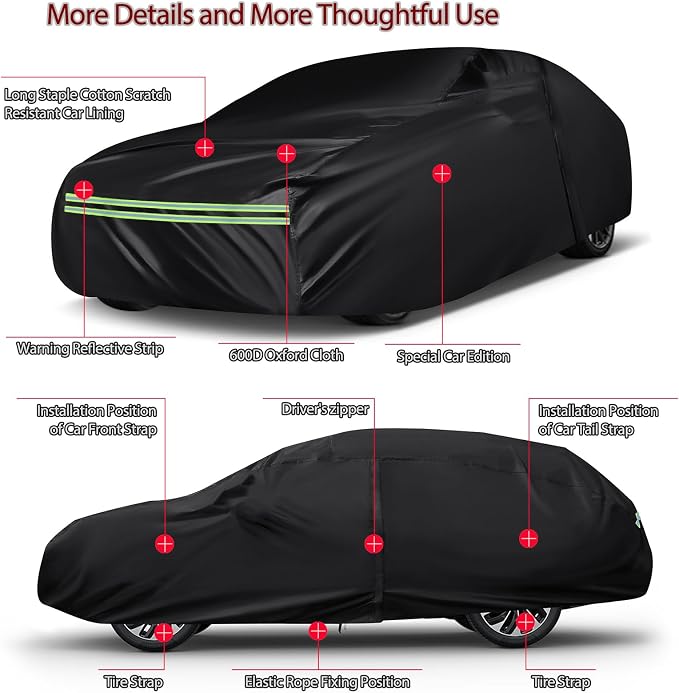 16-Layer 600D Heavy Duty Universal Full Car Cover for Outdoor & Indoor Use - All Weather Sun UV Rain Snow Dust Proof, Waterproof Scratch Resistant, Fits Sedan Body Length 178"-189"/14.8-15.7 ft