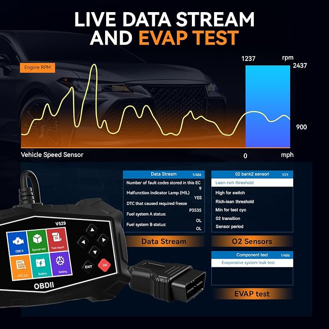 Enhanced OBD2 Scanner Diagnostic Tool - Check Engine Code Reader with Battery Tester, EVAP, Live Data, Mode 6/8, Professional Car Scan Tool with Freeze Frame, DTC Lookup for All OBDII Vehicles 1996+