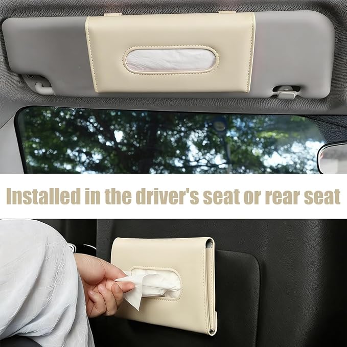 Car Visor Tissue Holder, Vehicle Sun Visor Backseat Napkin Case Mount with Tissues Refill, Automotive Interior Disposable Masks Holder, Universal for SUV Automobile Truck (Beige)