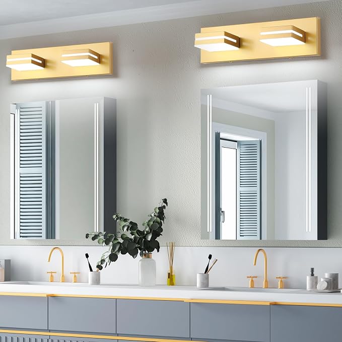 SineRise LED Modern Bathroom Vanity Light Fixtures (2-Light, 15.5-Inch, Dimmable), Matte Gold Modern Acrylic Bathroom Wall Lighting Fixtures Over Mirror (Cool White 6000K)