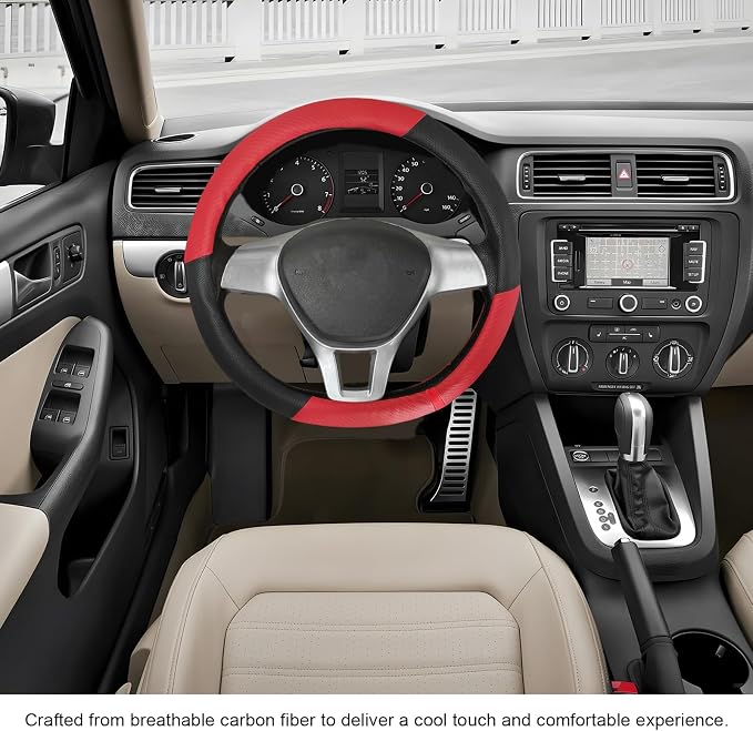 Car Steering Wheel Cover, Breathable Carbon Fiber Wheels Protective Cover Interior Accessories, Universal Anti Slip Protector for Most 14.5-15 Inch Steering Wheels (Red)